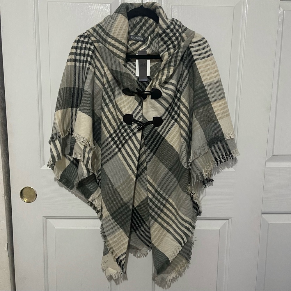 Ivory, Grey & Black Neutral Plaid Poncho/Ruana with Fringe